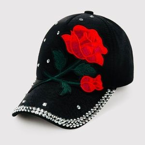 Rose Red Floral Embroidery Baseball Cap Snap Back Black Hat Rhinestone TRim